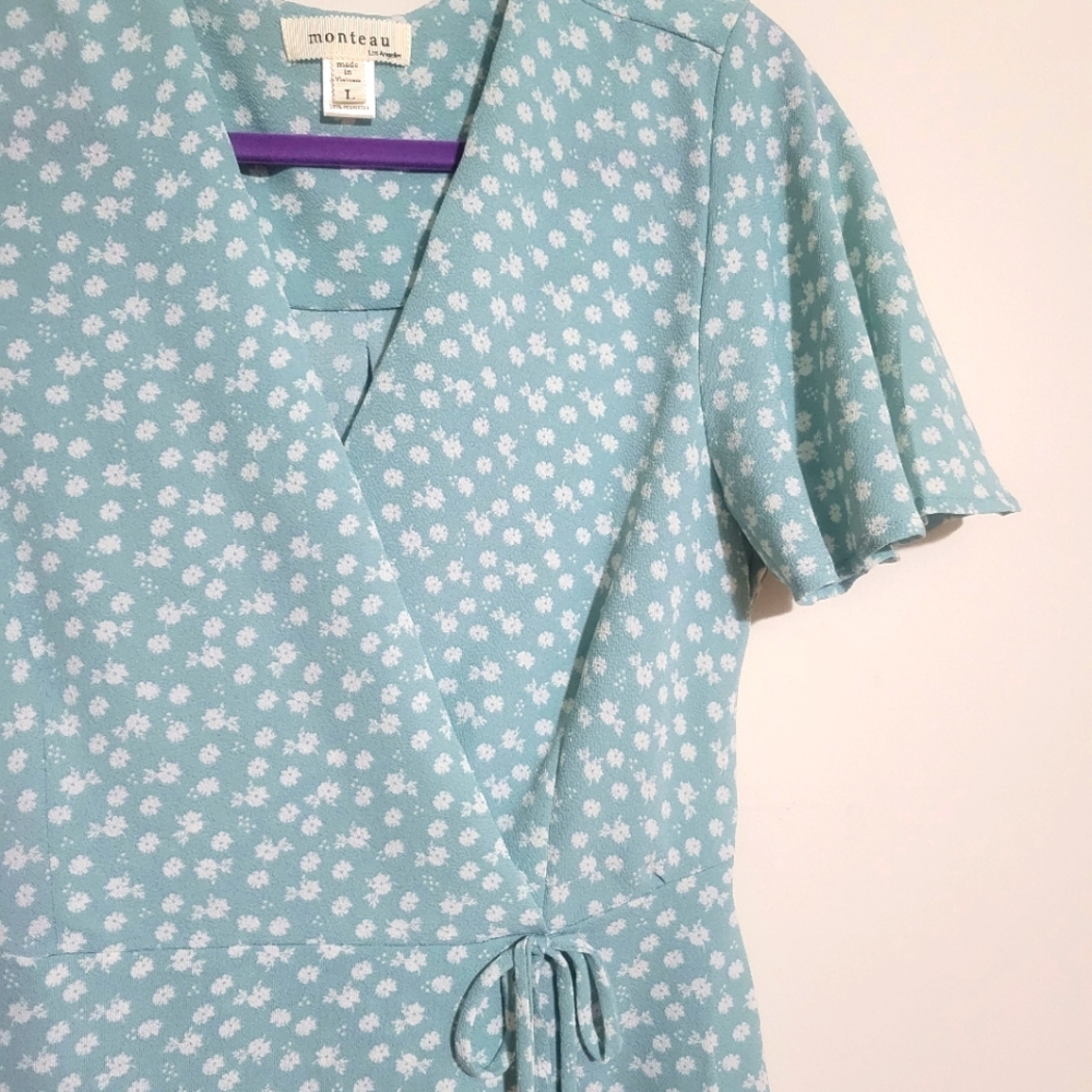 Monteau, blue flower-print faux-wrap dress, size L